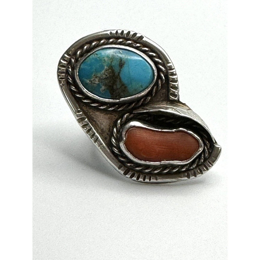 Vintage Native American sterling silver turquoise and coral ring size 5